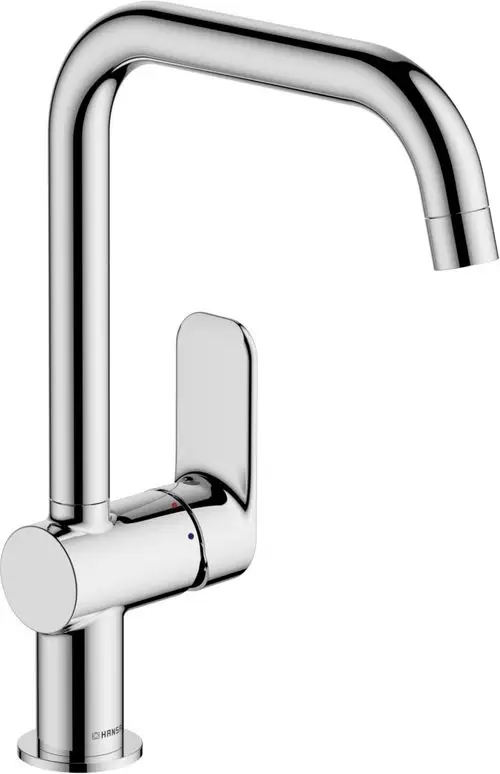 Küchenarmatur mit hohem Auslauf, einem Hebel zur Temperatur- und Mengenregulierung. Verchromte Oberfläche, modernes Design. Marke HANSA.